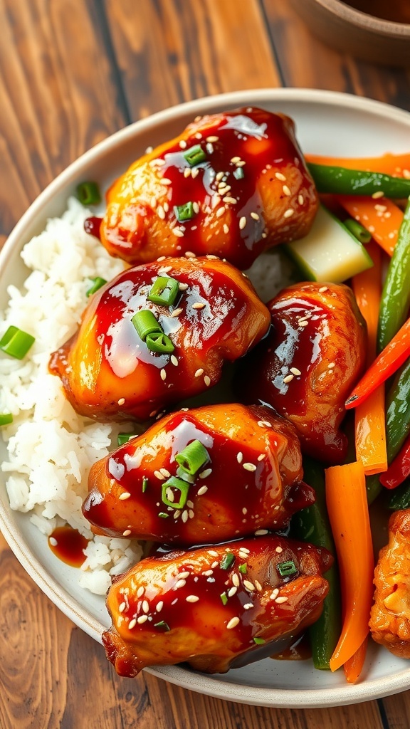 Honey garlic chicken thighs garnished with green onions and sesame seeds, served with rice and vegetables.